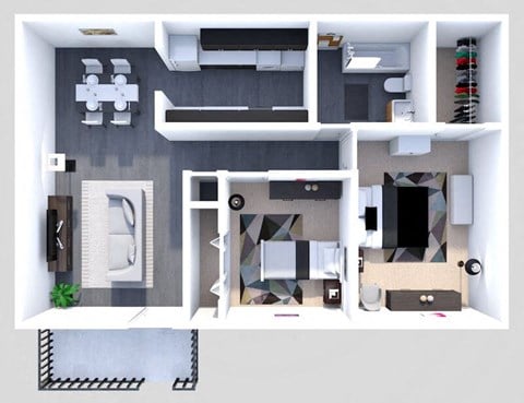 Floor plan for 2 beds, 1 bath, 888 sqft